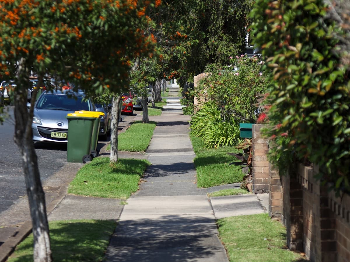 A concrete footpath running alongside a residential street
